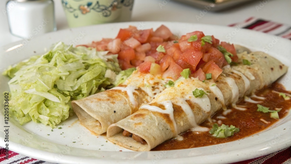 A plate of enchiladas with various toppings such as diced tomatoes and shredded lettuce, enchiladas, A plate of enchiladas with various toppings such as diced tomatoes and shredded lettuce, enchiladas,