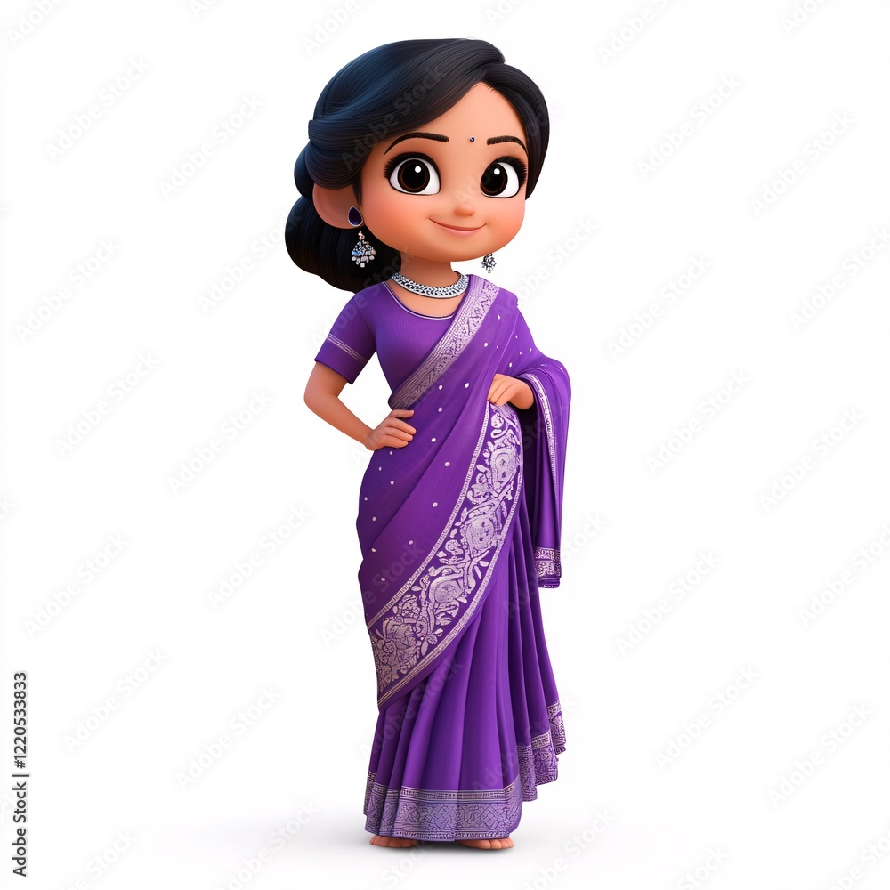 A female cartoon character wearing a purple saree with silver designs, on a white background A female cartoon character wearing a purple saree with silver designs, on a white background