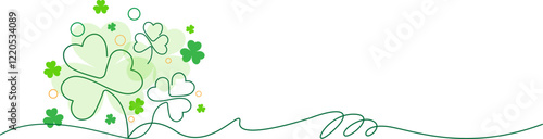 Saint Patrick Day border with continuous line drawing of four-leaved clover good luck symbol on transparent background. Vector eps 10