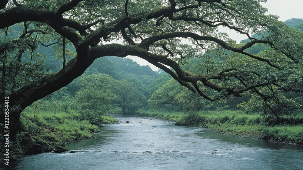 Lush green canopy over tranquil river flowing through rainforest. Lush green canopy over tranquil river flowing through rainforest.