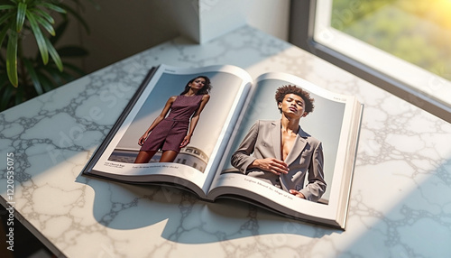 *Photorealistic A5 magazine mockup, with elegant detail displaying content on a marble desk with natural light