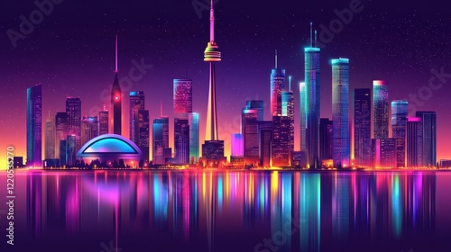 Neon Cityscape Reflecting in Still Water at Night