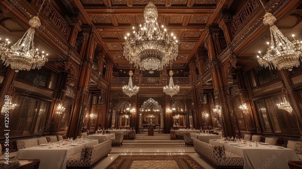 Fototapeta premium Opulent dining hall with ornate wood, chandeliers, and elegant tables.