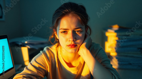 Tired young woman working late at desk in moody office lighting