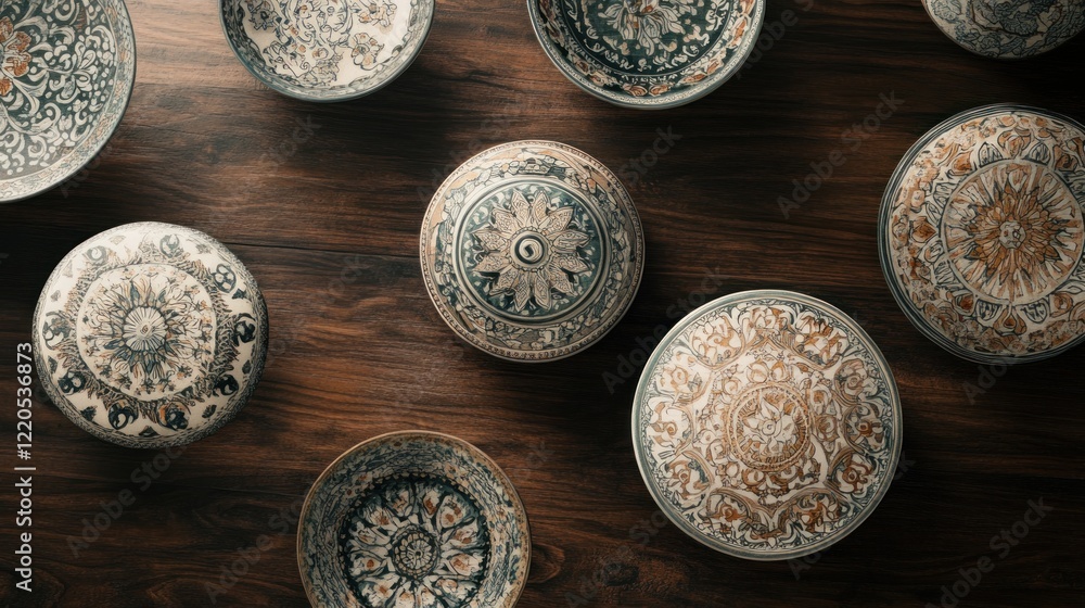 Overhead view of ornate decorative bowls on wooden surface. Overhead view of ornate decorative bowls on wooden surface.
