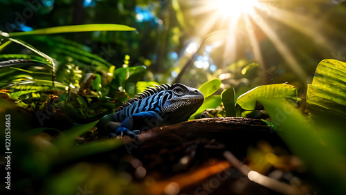 Close-Up View of the Argentine Black and White Tegu's Natural Habitat, Lush Vegetation, Sunlit Forest Floor, Intricate Details of Scales and Surroundings, Vibrant Ecosystem Elements photo