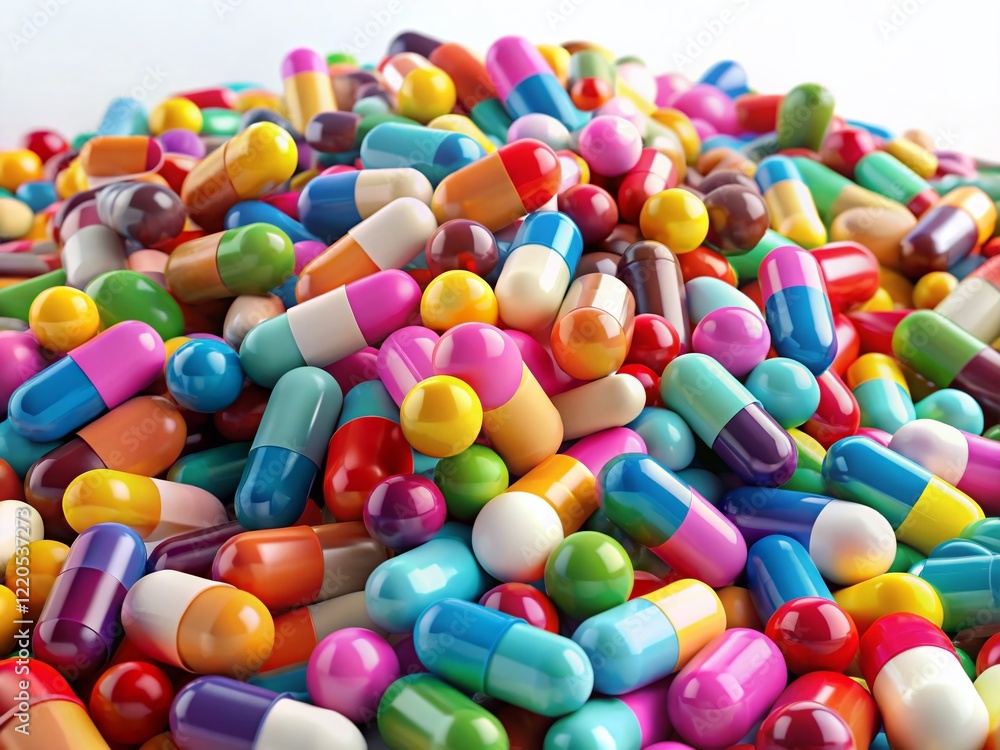 3D Render: Pile of Colorful Pills on White Background - Panoramic Medical Stock Photo 3D Render: Pile of Colorful Pills on White Background - Panoramic Medical Stock Photo