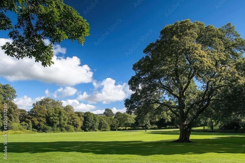 Sunny park, large tree, green grass, blue sky, clouds, peaceful landscape, nature Sunny park, large tree, green grass, blue sky, clouds, peaceful landscape, nature