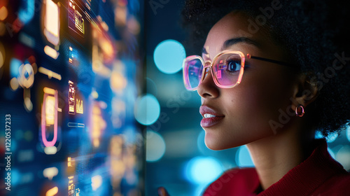 woman with glasses gazes at glowing digital interface, showcasing data
