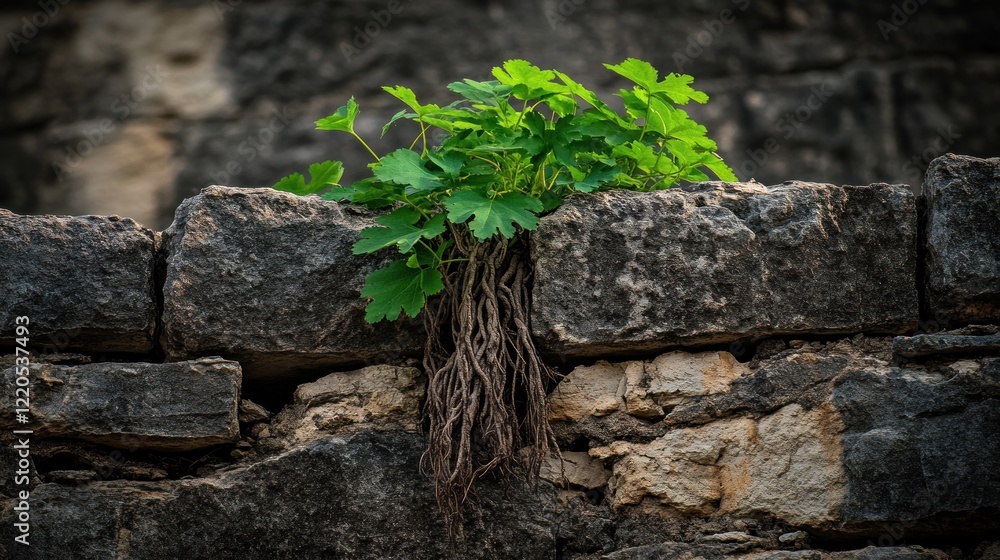 Fototapeta premium Lush green plant sprouting from weathered stone wall.