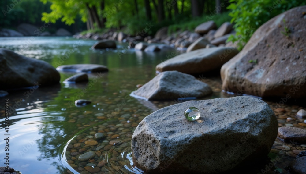 Fototapeta premium Water Droplet on Stone by Calm River with Lush Green Bank in Soft Evening Light for Concept World Water Day