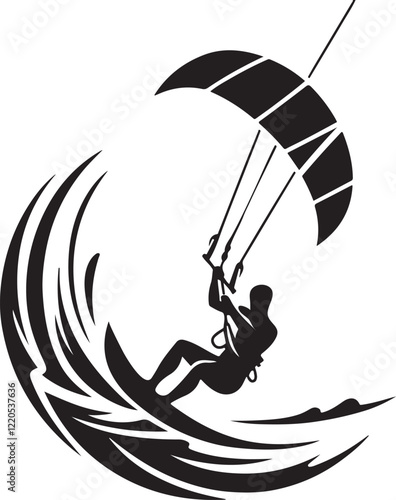 Silhouette vector of a kite surfer in action, perfect for water sports, adventure, and extreme sports designs. Downloadable EPS file, fully scalable.