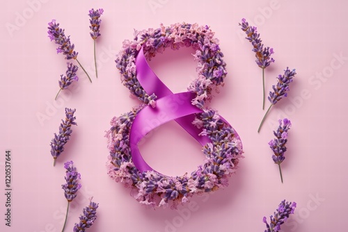 purple ribbon with the number eight and a silhouette of a woman made from dried lavender flowers on a light pink background. International Women's Day celebration.