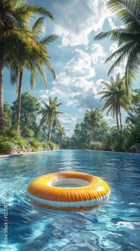 Bright Sunny Day at a Tranquil Pool Surrounded by Lush Palm Trees and Fluffy Clouds Creating a Serene Tropical Atmosphere