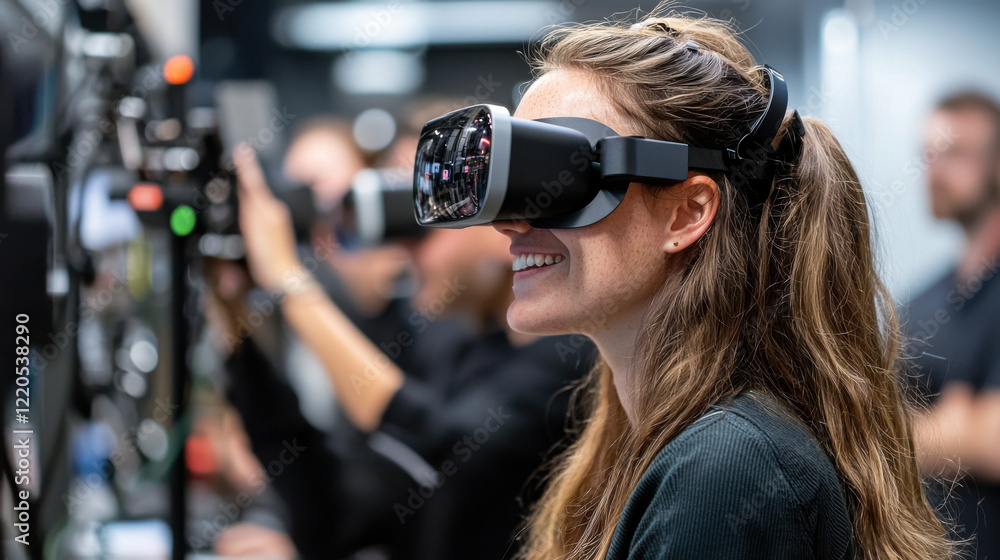 woman wearing virtual reality headset in modern tech lab, smiling with excitement woman wearing virtual reality headset in modern tech lab, smiling with excitement