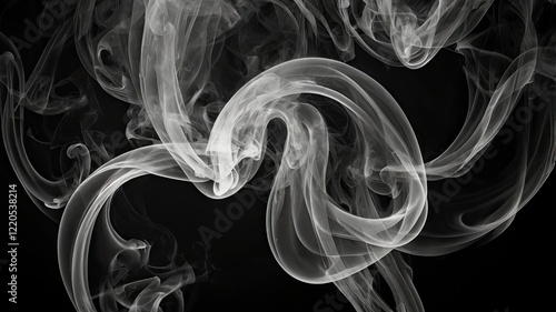 Abstract white puffs of smoke swirls overlay on black background pollution. Royalty high-quality free stock photo image of abstract smoke overlays on black background. White smoke swirl fragments