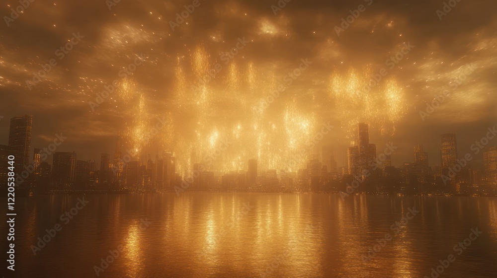 Naklejka premium Fiery apocalyptic cityscape reflection, night