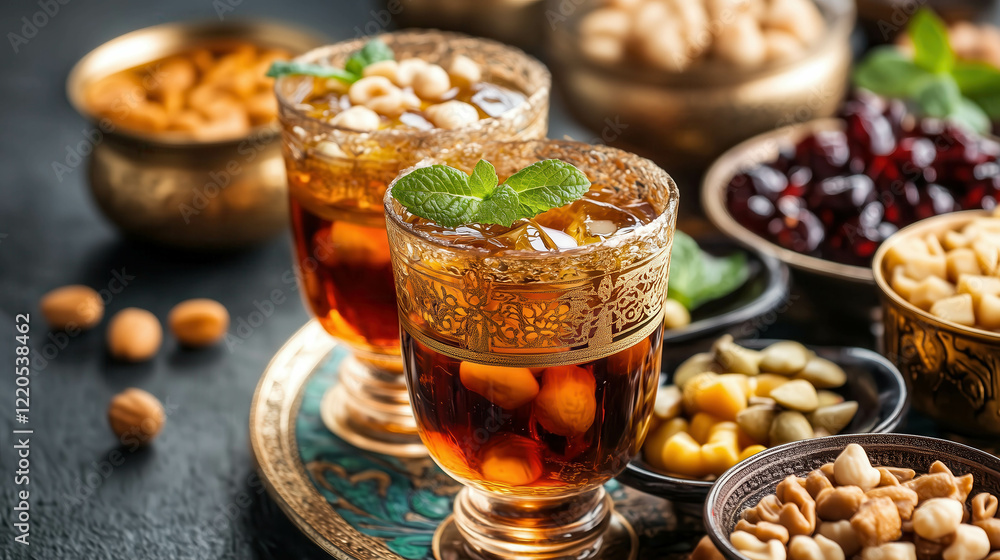 Traditional moroccan mint tea served with nuts and dried fruits in ornate setting Traditional moroccan mint tea served with nuts and dried fruits in ornate setting