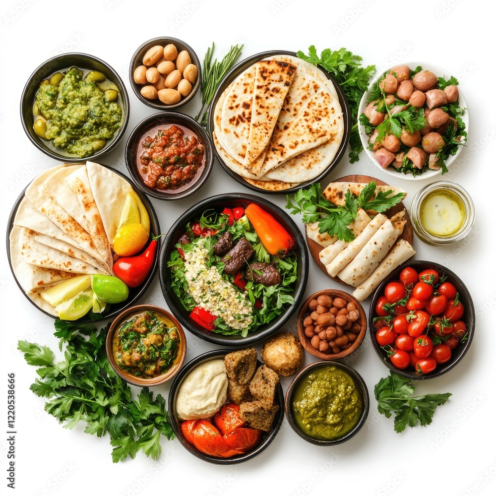 Mediterranean food platter, diverse dishes, vibrant colors, healthy eating, restaurant menu Mediterranean food platter, diverse dishes, vibrant colors, healthy eating, restaurant menu