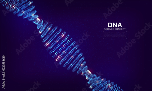 Abstract binary DNA structure. 3D digital genetic model constructed with numbers one and zero. Scientific background for genetics, biotechnology and medical research. Vector illustration.