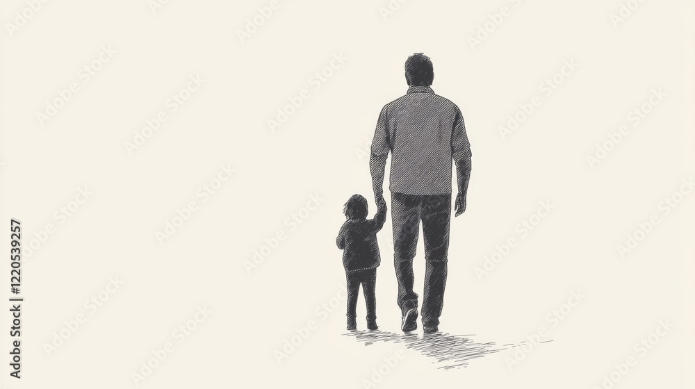 Father and child walking hand-in-hand, viewed from behind. Father and child walking hand-in-hand, viewed from behind.