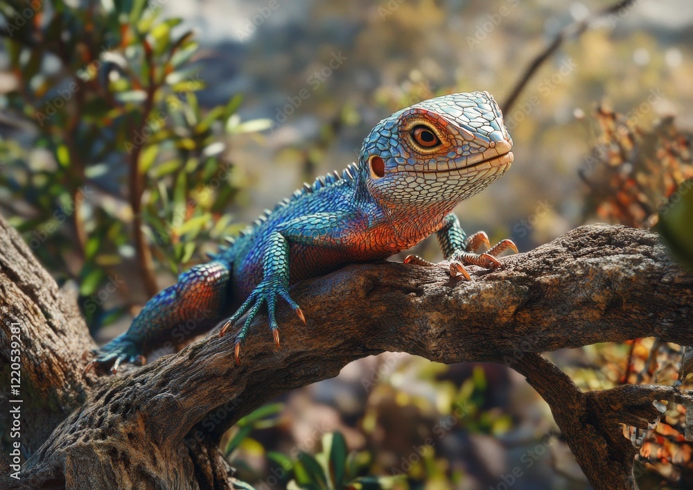 Colorful Lizard Basking on a Branch in a Sunlit Forest During a Warm Afternoon Colorful Lizard Basking on a Branch in a Sunlit Forest During a Warm Afternoon
