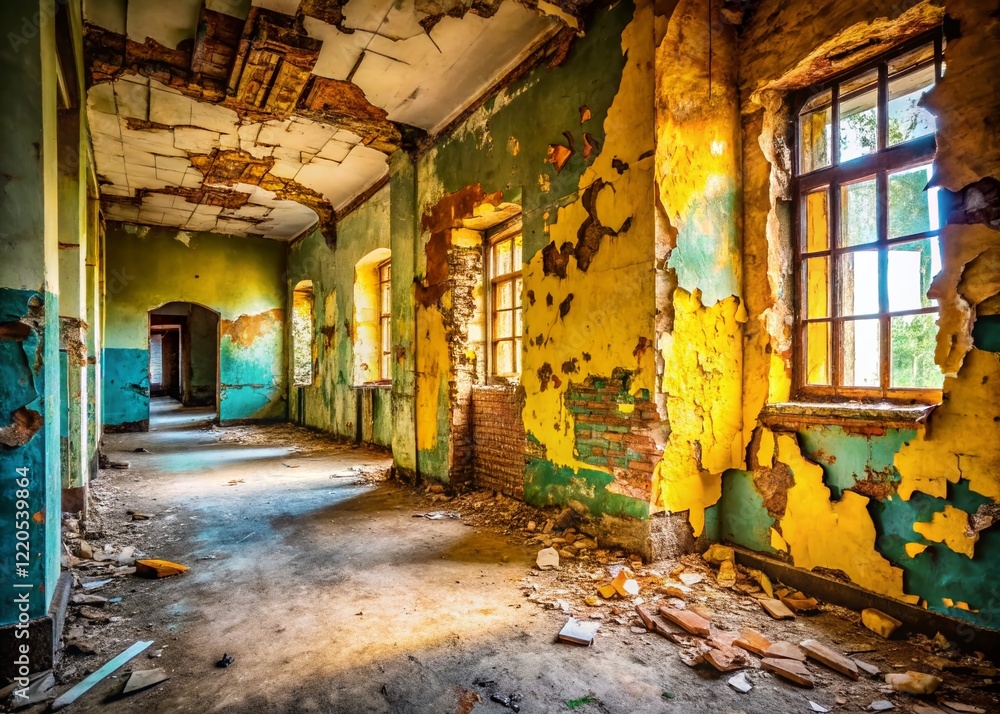 Fototapeta premium Abandoned Building Interior, Grunge Texture, Urban Exploration, Pale Yellow Paper Background, Decaying Structure