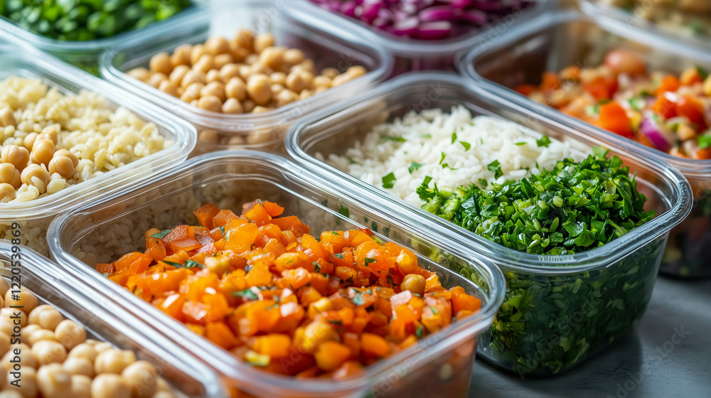 Plastic containers with fresh chopped vegetables, legumes and rice for healthy meal prep Plastic containers with fresh chopped vegetables, legumes and rice for healthy meal prep