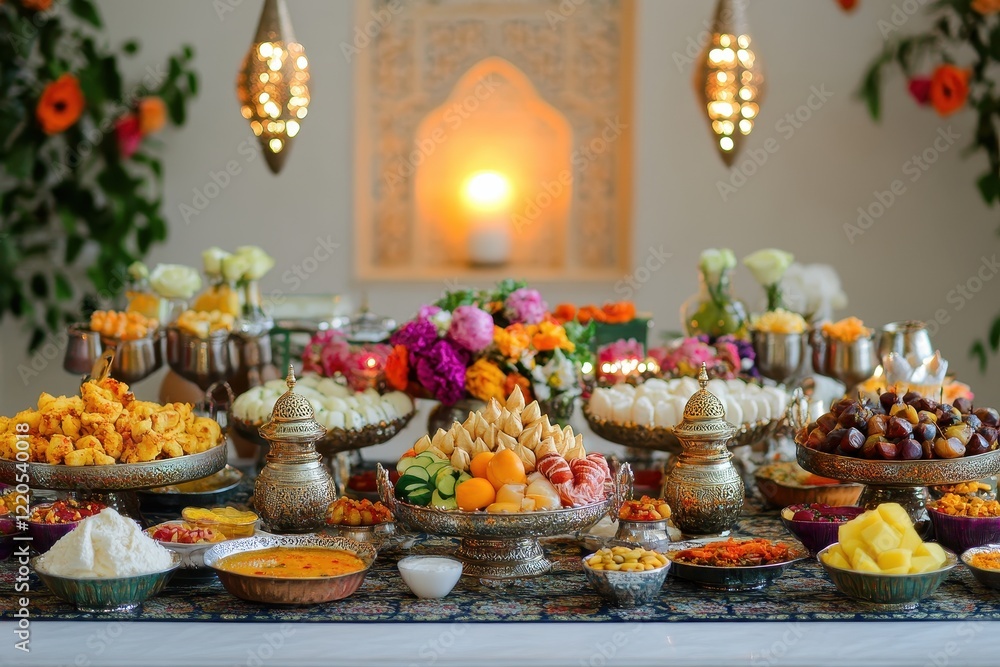 Festive Middle Eastern food spread, indoor banquet, ornate setting, celebration Festive Middle Eastern food spread, indoor banquet, ornate setting, celebration