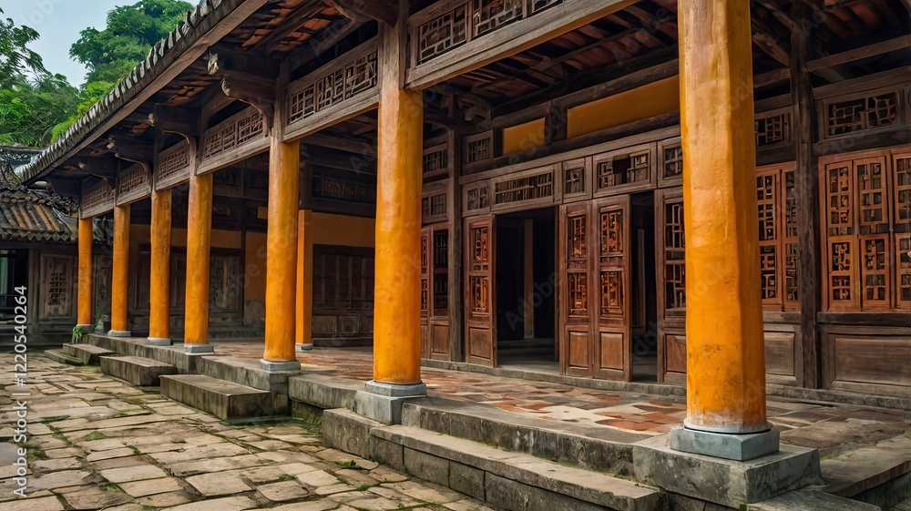 Long feudal house with wooden architecture, colorful roof tiles decoration where mandarins, meetings and recognized as a national cultural heritage in Hue, Vietnam Long feudal house with wooden architecture, colorful roof tiles decoration where mandarins, meetings and recognized as a national cultural heritage in Hue, Vietnam