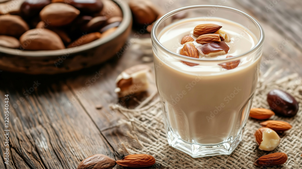 Almond milk with almonds and nuts on rustic wooden table Almond milk with almonds and nuts on rustic wooden table