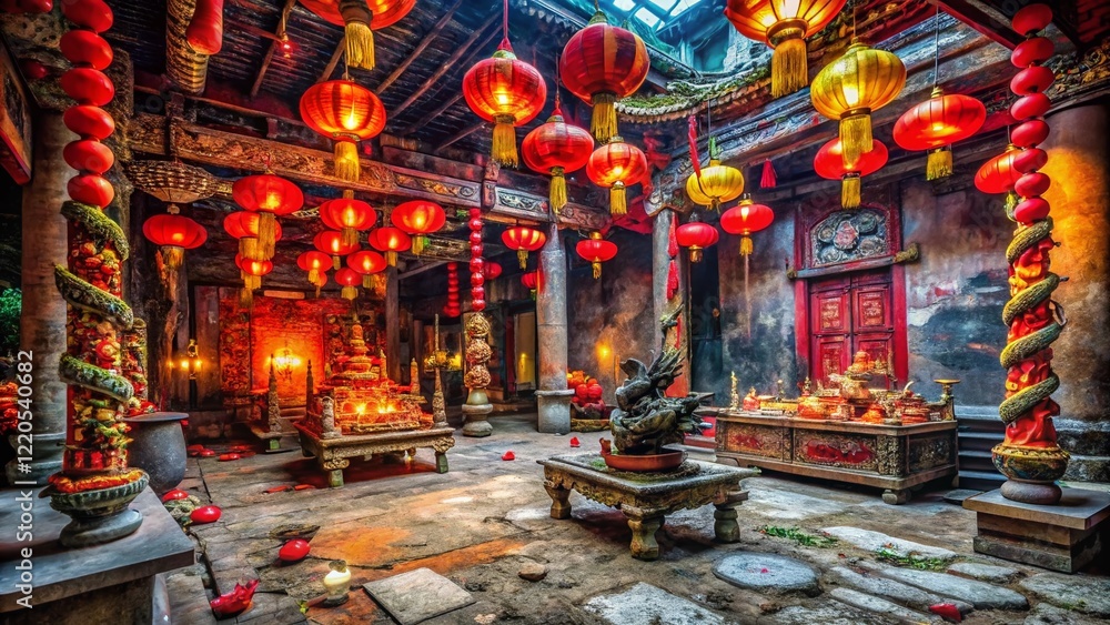 Fototapeta premium Abandoned Chinese Temple, Snake Year Decorations, Urban Exploration Photography