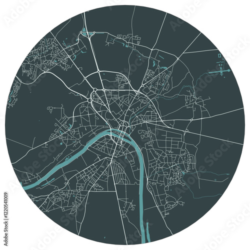 Melun French town in ile de france. Vector minimalist street plan map on a dark gray round background photo