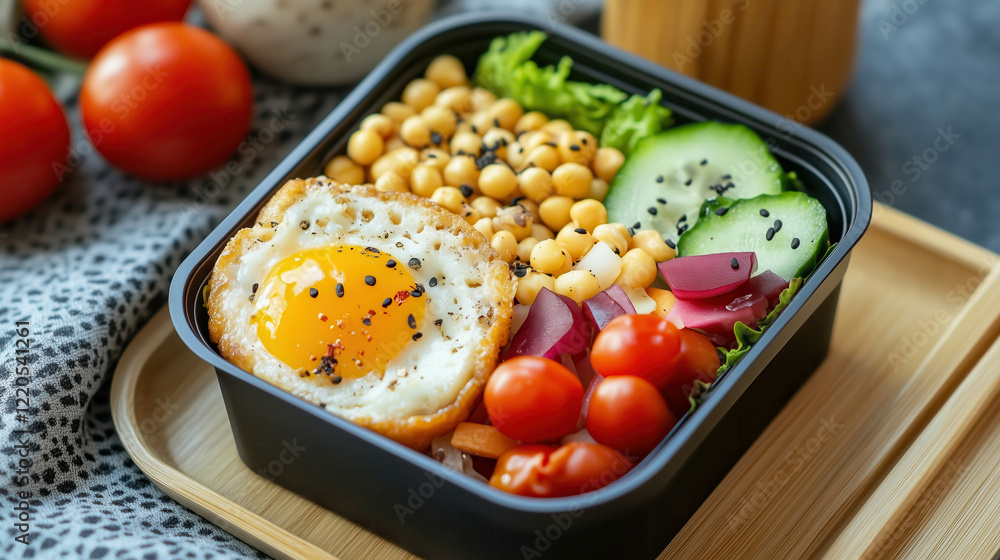 Healthy lunch box containing fried egg, chickpeas, and vegetables Healthy lunch box containing fried egg, chickpeas, and vegetables