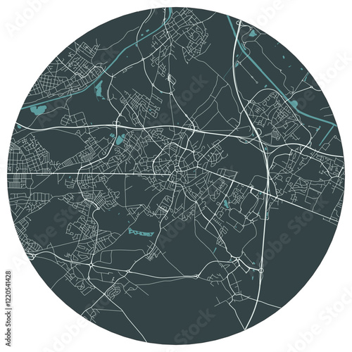 Hénin-Beaumont French town in nord pas de calais. Vector minimalist street plan map on a dark gray round background