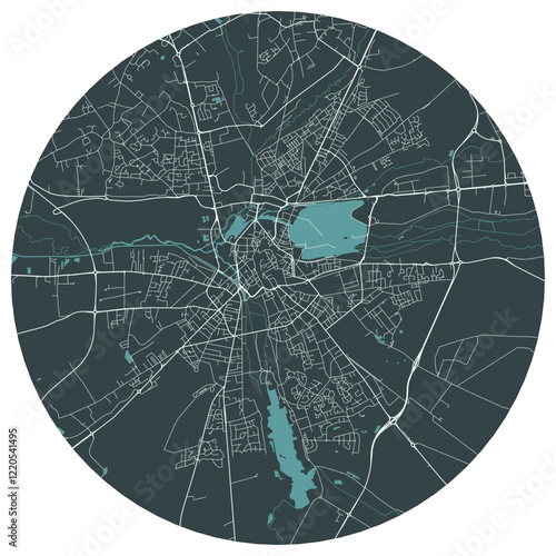 Bourges French town in centre. Vector minimalist street plan map on a dark gray round background