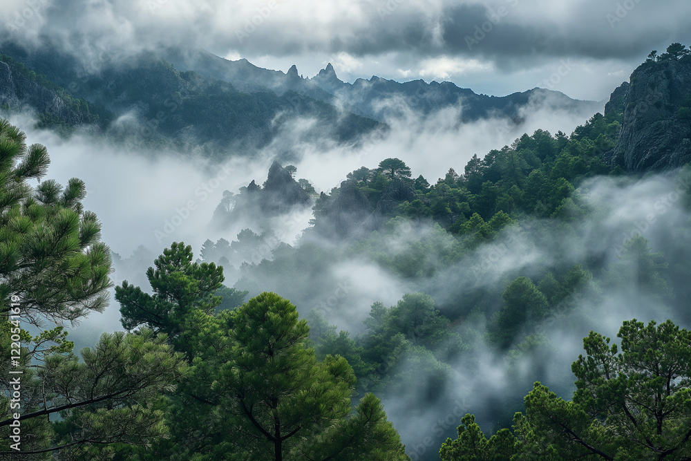 A breathtaking view of fog rolling over a dense pine tree forest nestled in the mountains A breathtaking view of fog rolling over a dense pine tree forest nestled in the mountains