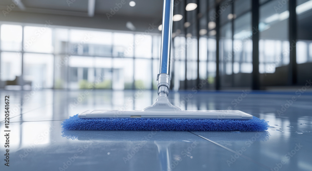 A cleaning tool is being used on a shiny floor in a spacious office environment with large windows letting in natural light. The scene depicts cleanliness and professionalism. A cleaning tool is being used on a shiny floor in a spacious office environment with large windows letting in natural light. The scene depicts cleanliness and professionalism.