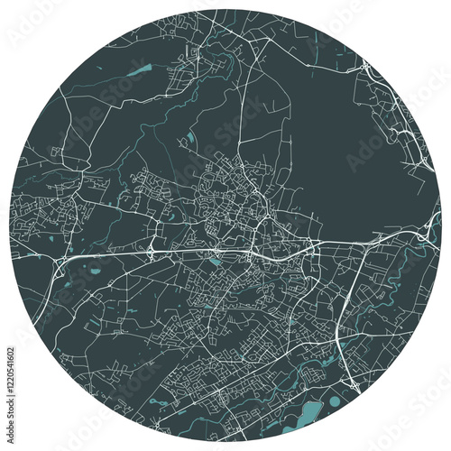 Colomiers French town in midi pyrenees. Vector minimalist street plan map on a dark gray round background
