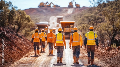 Workers walking mine road, heavy machinery background, Australia, mining industry