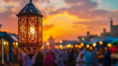 Ornamented lantern illuminating djemaa el-fna square at sunset in marrakech photo