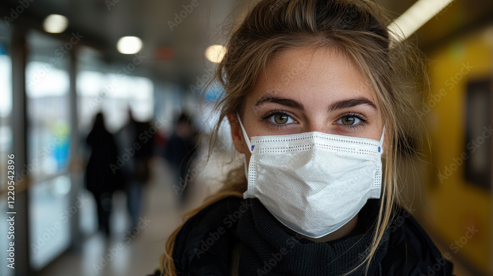 young woman wearing protective face mask, showcasing her expressive eyes in busy environment young woman wearing protective face mask, showcasing her expressive eyes in busy environment