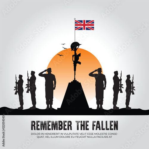 United Kingdom flag in remember the fallen flag for morning sun and army design