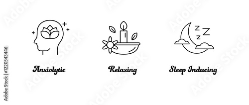 Anxiolytic, Relaxation, and Sleep-Inducing Icons – Wellness and Mental Health Icon Set. Editable Stroke and Colors.