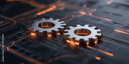 Two metallic gears on futuristic circuit board, symbolizing technology and innovation photo