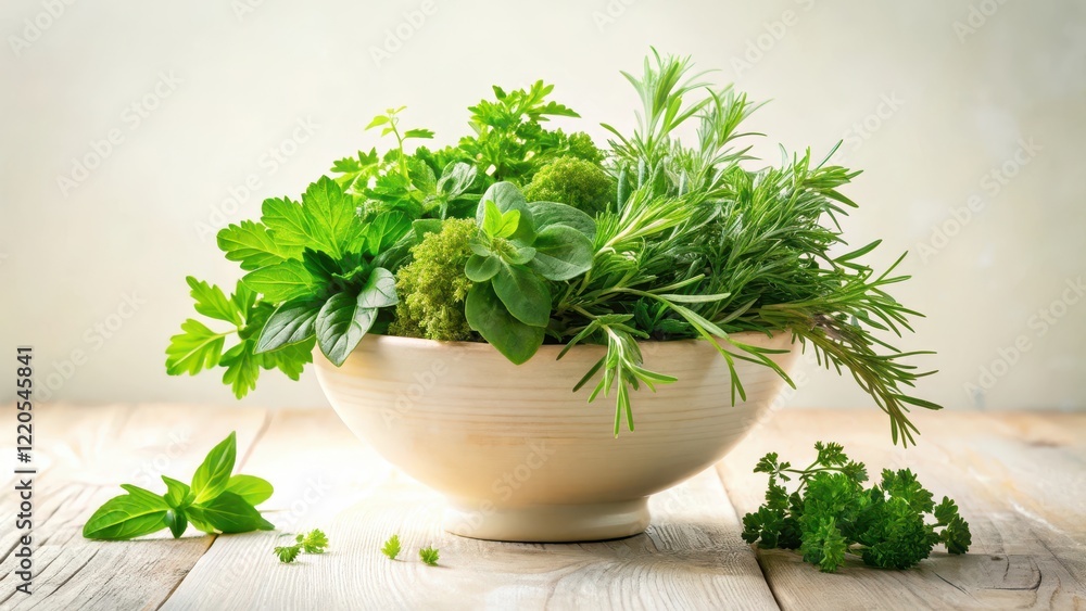 A colorful arrangement of fresh green herbs like parsley, rosemary, and thyme, arranged in a decorative bowl or vase, against a soft white or cream background , kitchen decor, fragrant plants A colorful arrangement of fresh green herbs like parsley, rosemary, and thyme, arranged in a decorative bowl or vase, against a soft white or cream background , kitchen decor, fragrant plants