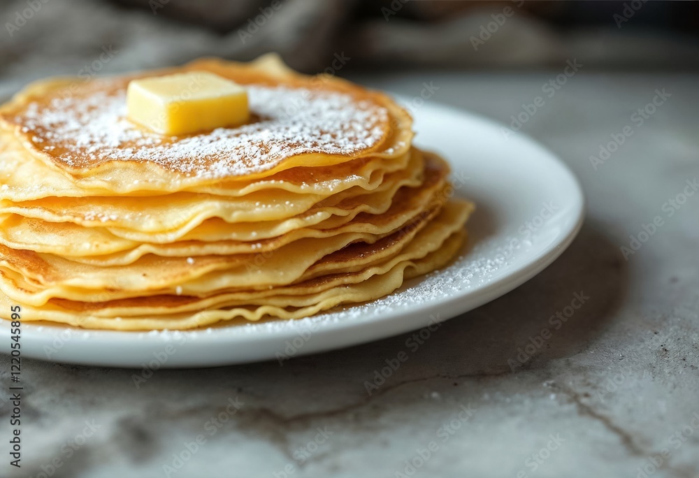 An appetizing stack of crepes with butter and powdered sugar. A traditional French dessert for La Chandeleur (Pancake Day). An appetizing stack of crepes with butter and powdered sugar. A traditional French dessert for La Chandeleur (Pancake Day).