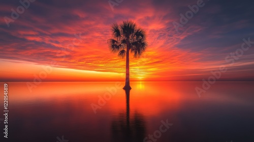 Silhouetted Palm Tree at Sunrise over Calm Water photo