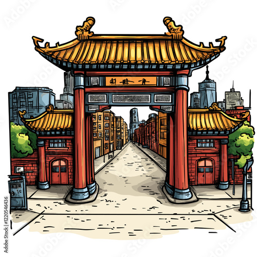 Vector comic hand-drawn illustration of Chinatown gate. Chinatown gate in New York
