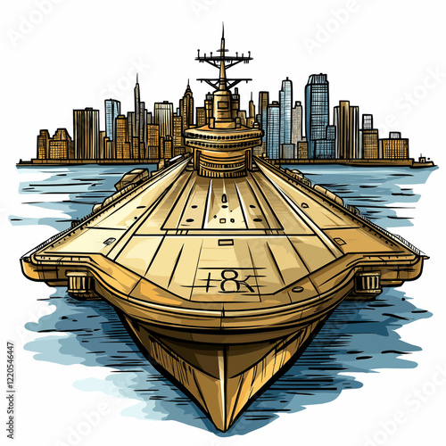 Vector comic hand-drawn illustration of Intrepid museum. Intrepid museum in New York